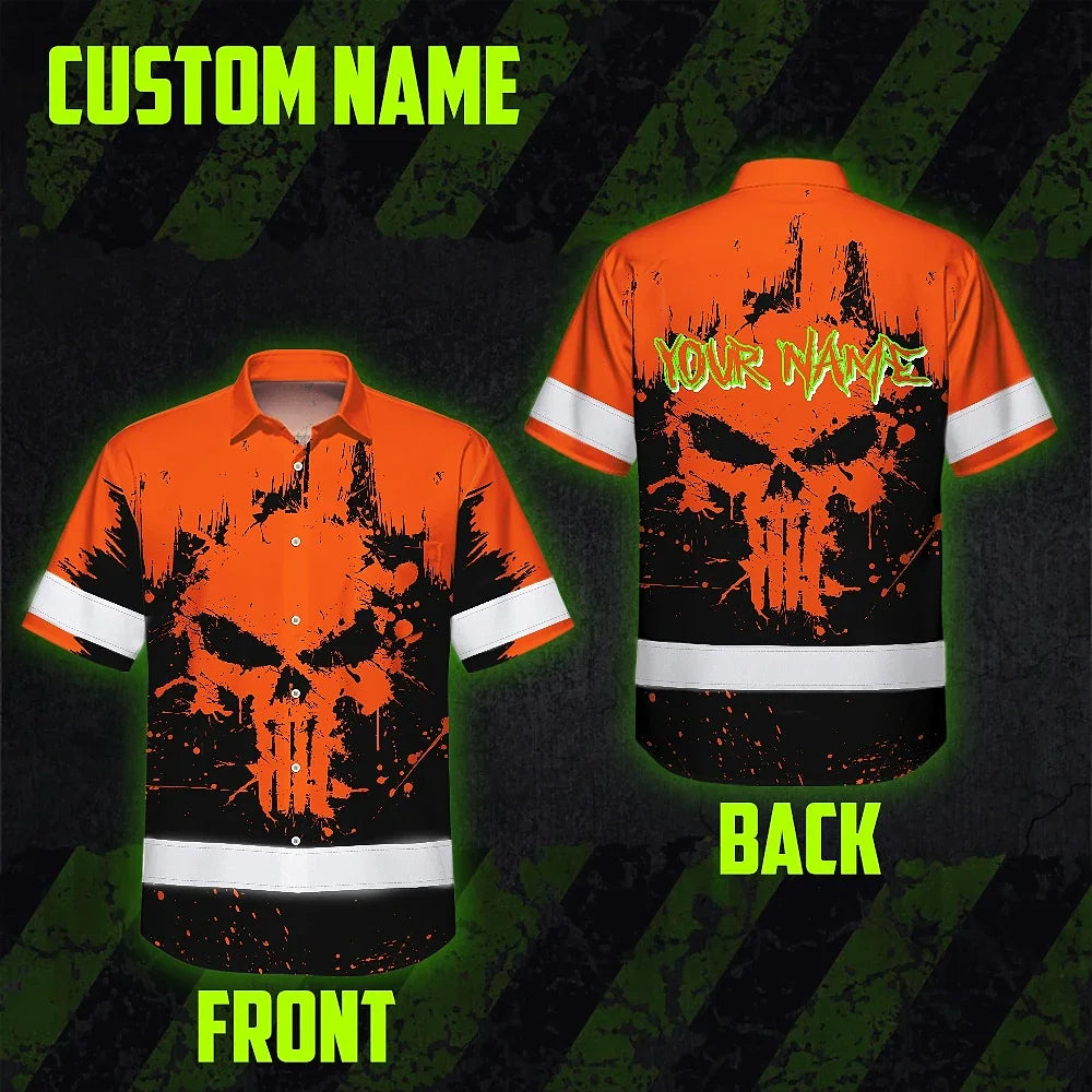 High Visibility Hawaiian Shirt Reflective Orange Neon Skull Custom Name Safety Workwear For Workers, Runners, Truckers, Skull Lovers