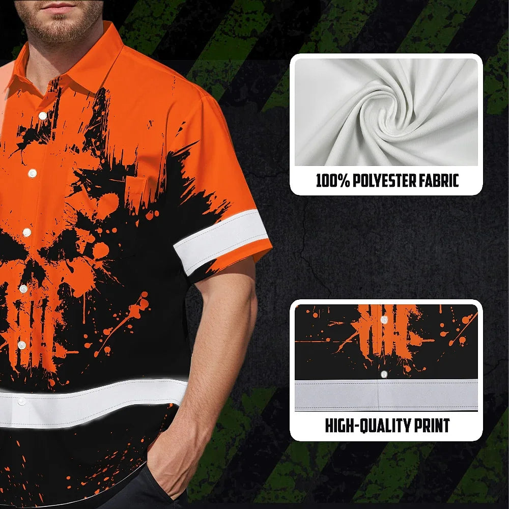 High Visibility Hawaiian Shirt Reflective Orange Neon Skull Custom Name Safety Workwear For Workers, Runners, Truckers, Skull Lovers
