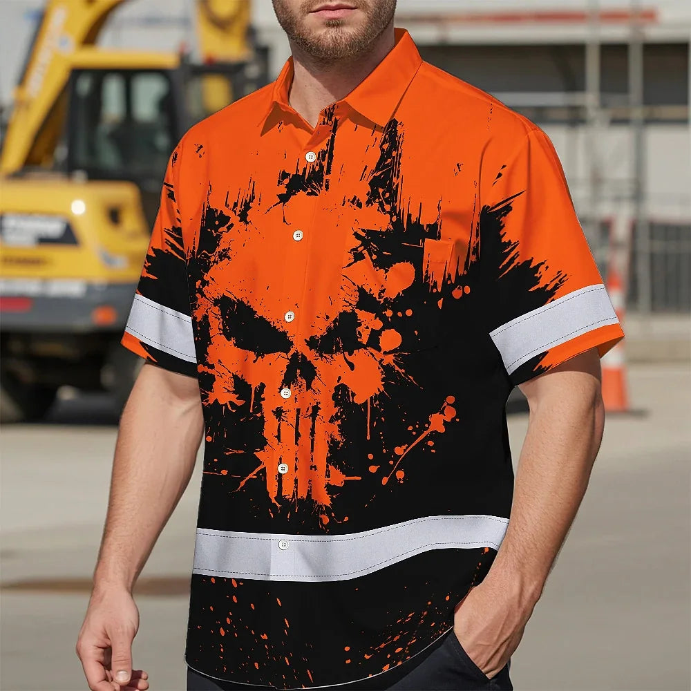 High Visibility Hawaiian Shirt Reflective Orange Neon Skull Custom Name Safety Workwear For Workers, Runners, Truckers, Skull Lovers