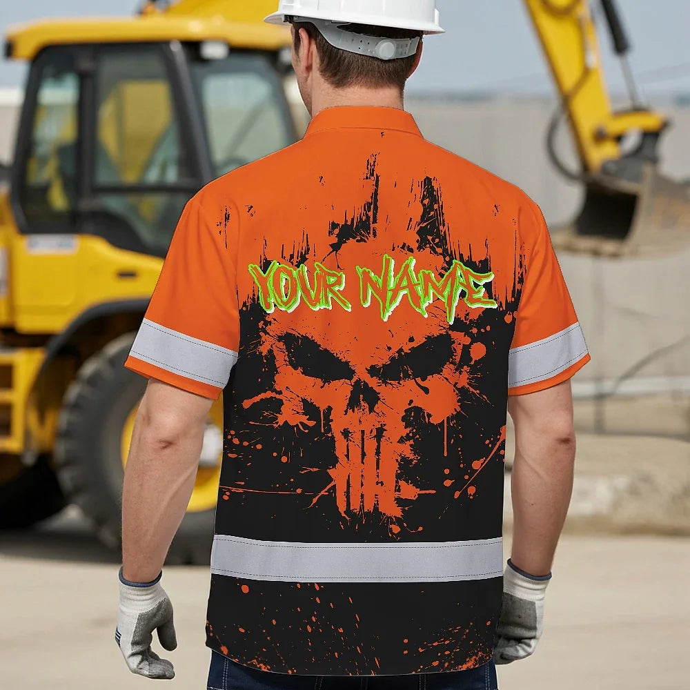 High Visibility Hawaiian Shirt Reflective Orange Neon Skull Custom Name Safety Workwear For Workers, Runners, Truckers, Skull Lovers