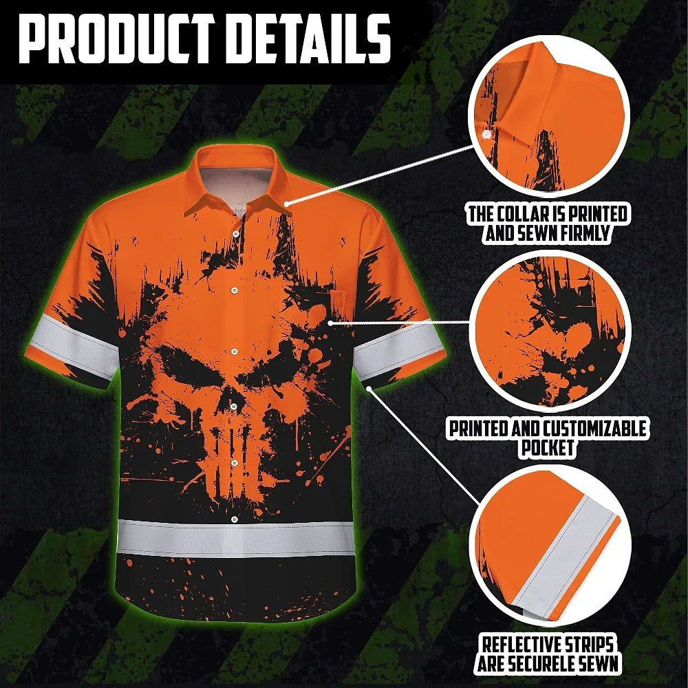High Visibility Hawaiian Shirt Reflective Orange Neon Skull Custom Name Safety Workwear For Workers, Runners, Truckers, Skull Lovers