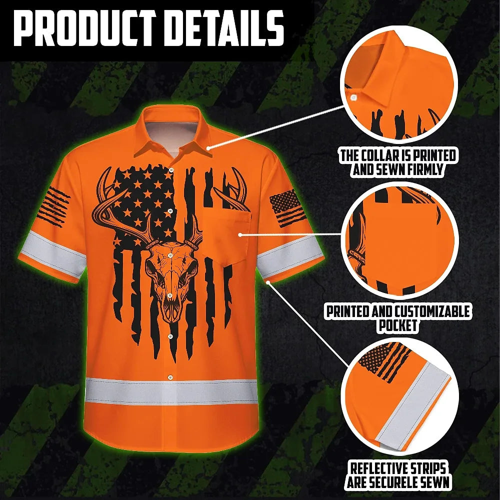 High Visibility Hawaiian Shirt Reflective Orange Neon Skull Deer Hunting US Flag Custom Name Safety Workwear