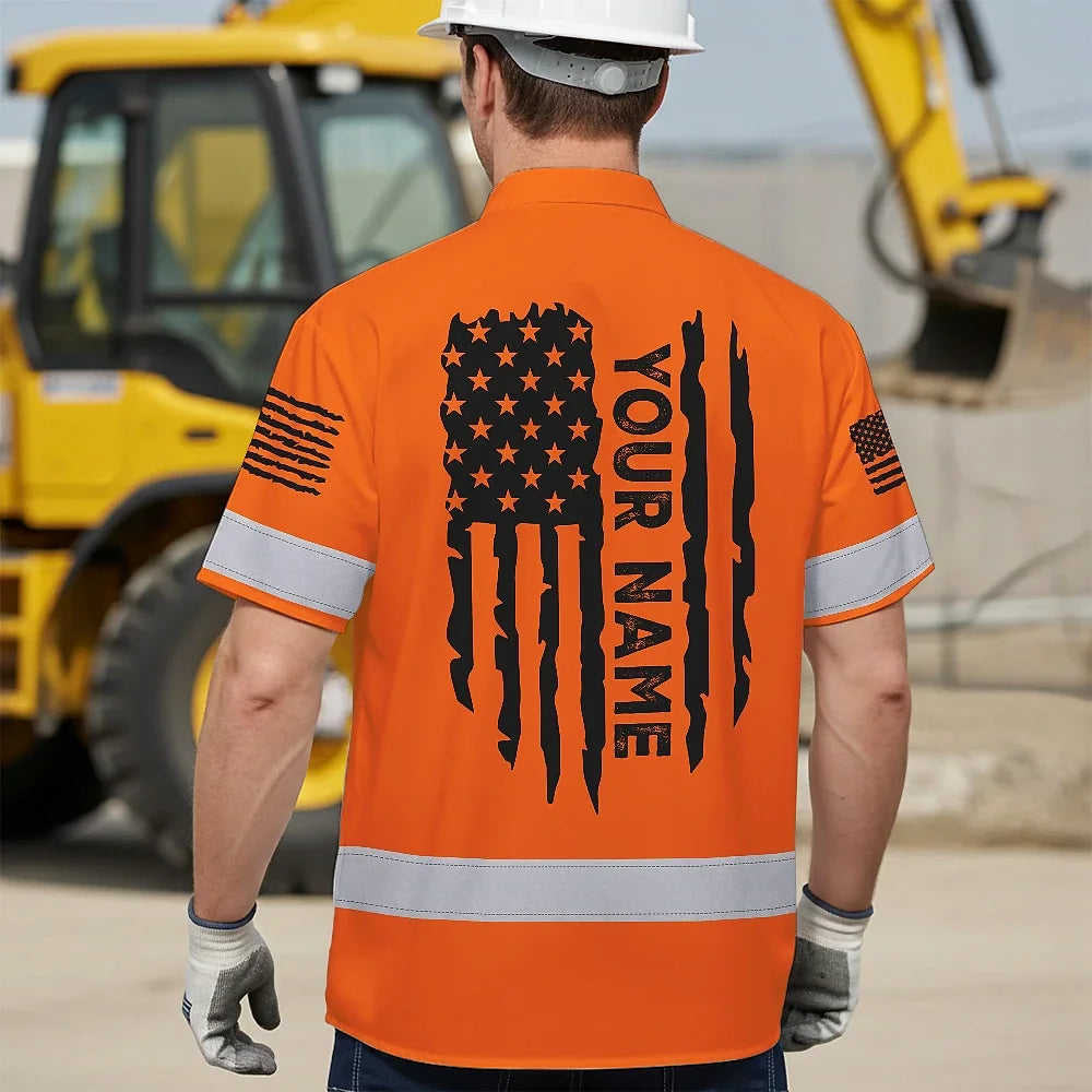 High Visibility Hawaiian Shirt Reflective Orange Neon Skull Deer Hunting US Flag Custom Name Safety Workwear