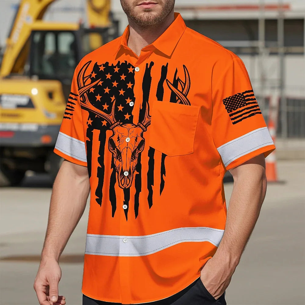 High Visibility Hawaiian Shirt Reflective Orange Neon Skull Deer Hunting US Flag Custom Name Safety Workwear