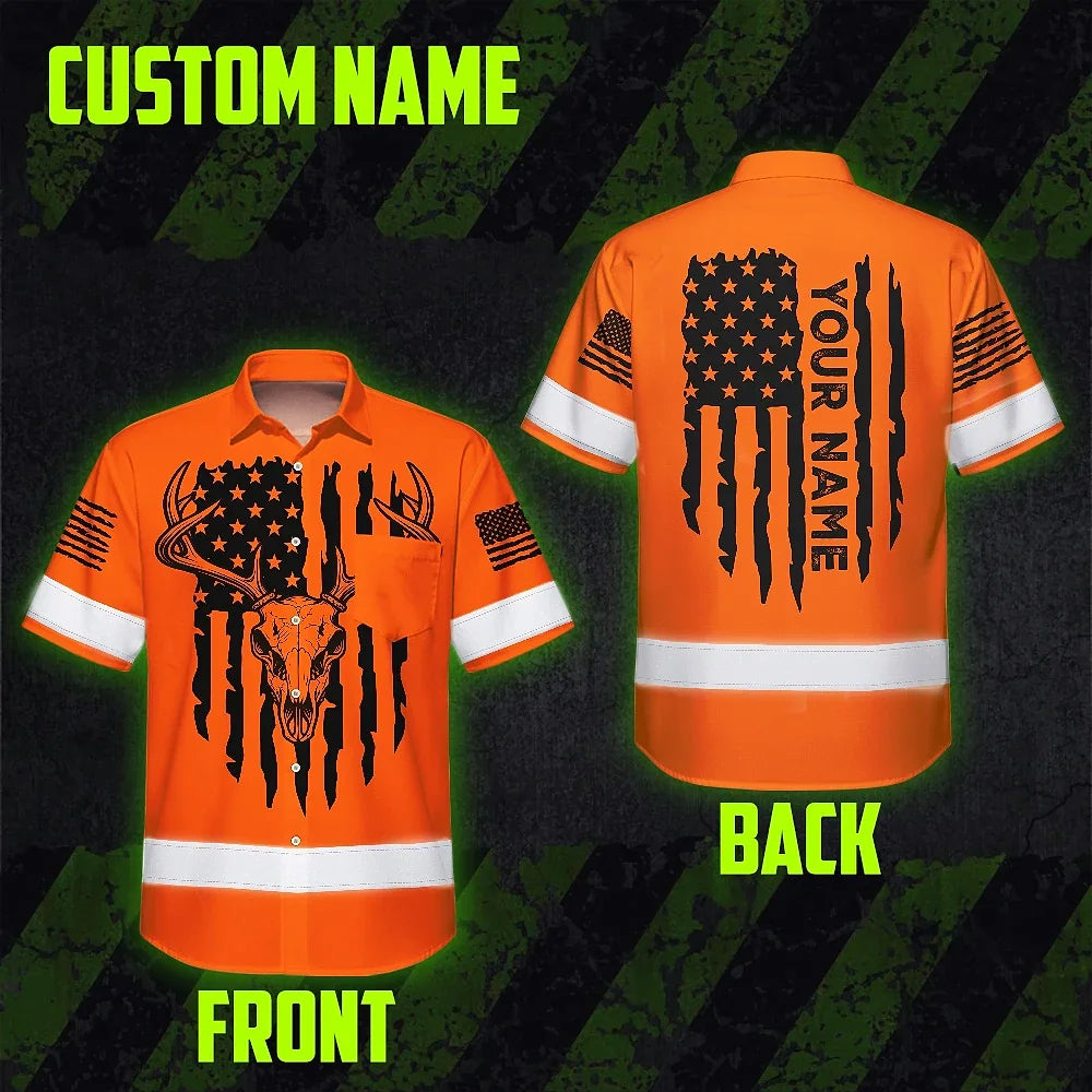 High Visibility Hawaiian Shirt Reflective Orange Neon Skull Deer Hunting US Flag Custom Name Safety Workwear