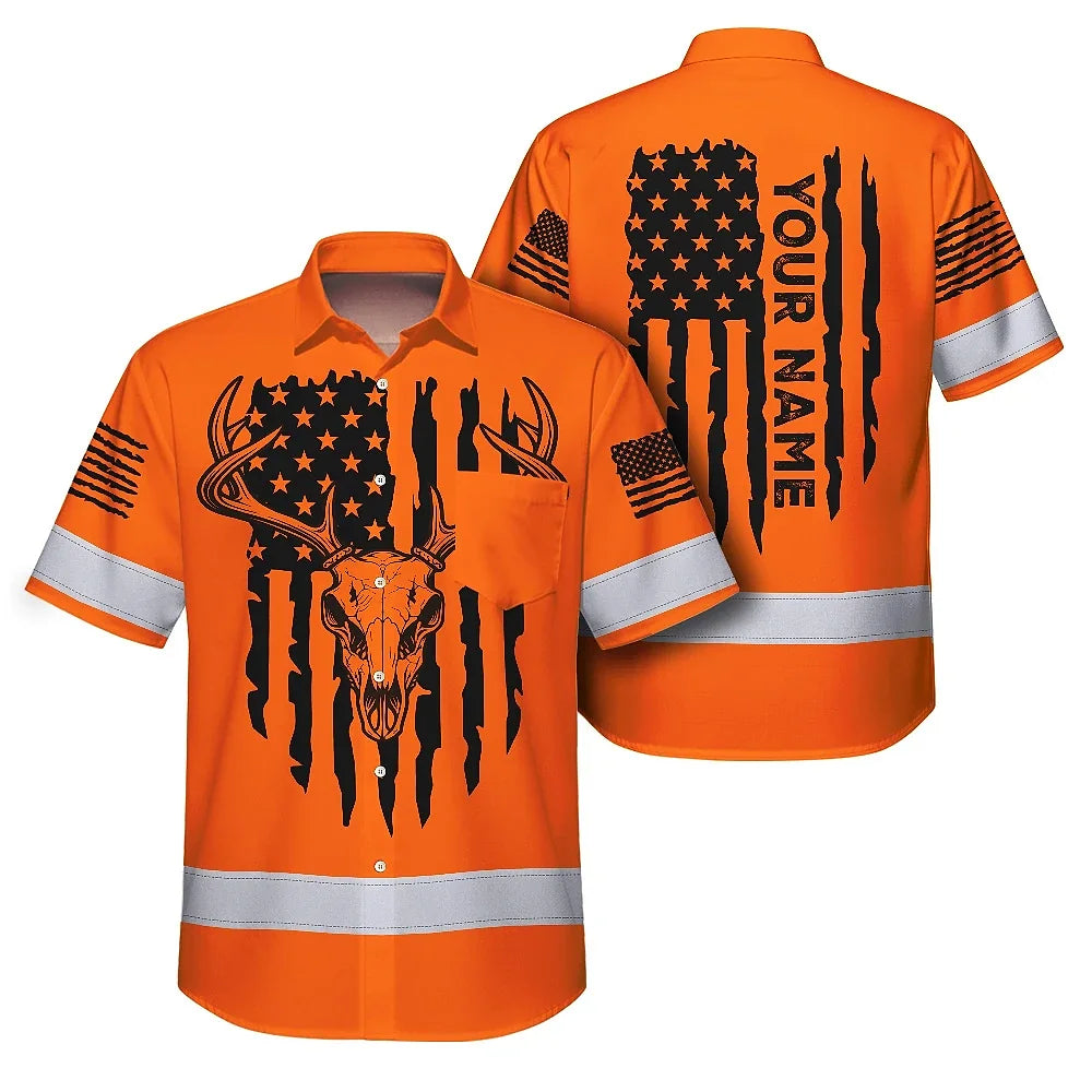 High Visibility Hawaiian Shirt Reflective Orange Neon Skull Deer Hunting US Flag Custom Name Safety Workwear