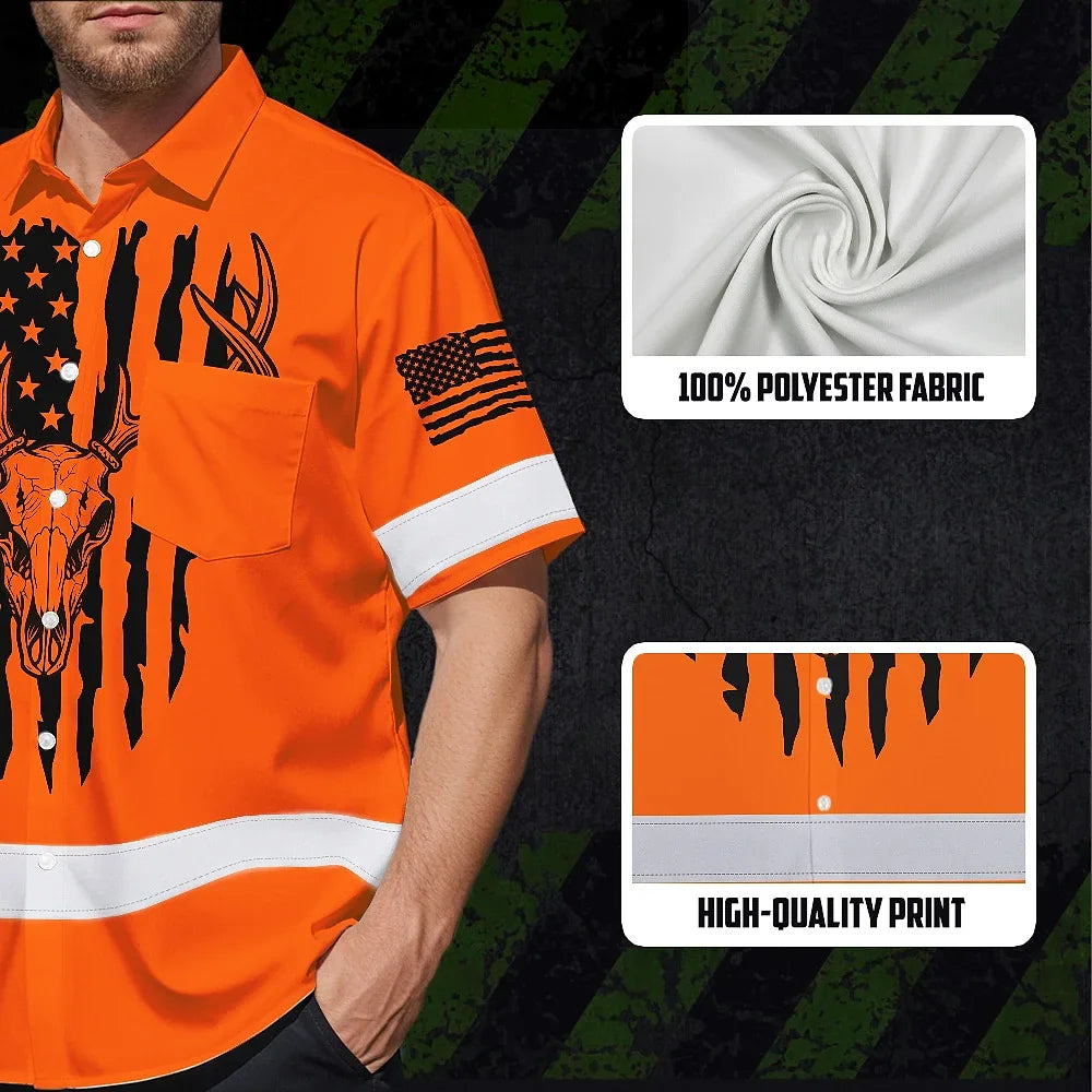 High Visibility Hawaiian Shirt Reflective Orange Neon Skull Deer Hunting US Flag Custom Name Safety Workwear
