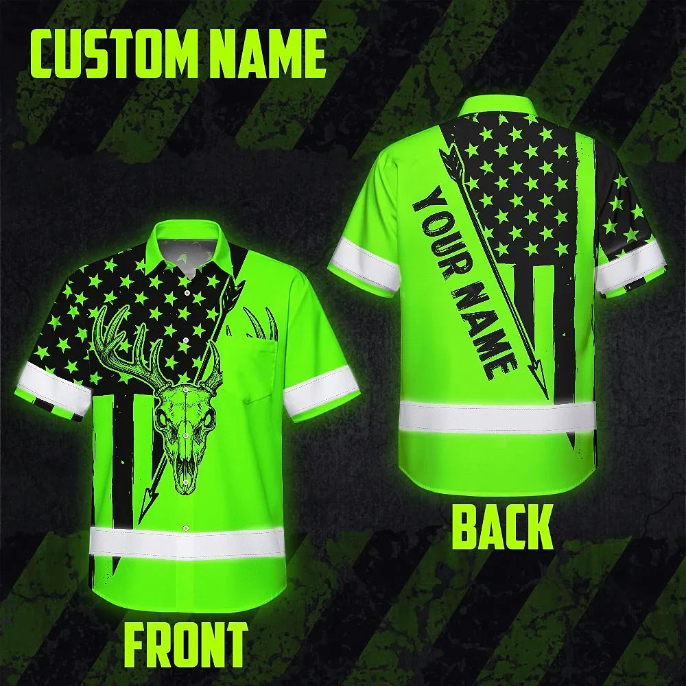 High Visibility Hawaiian Shirt Reflective Skull Deer Hunting US Flag Custom Name Safety Workwear