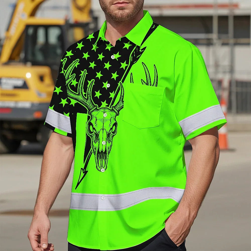 High Visibility Hawaiian Shirt Reflective Skull Deer Hunting US Flag Custom Name Safety Workwear