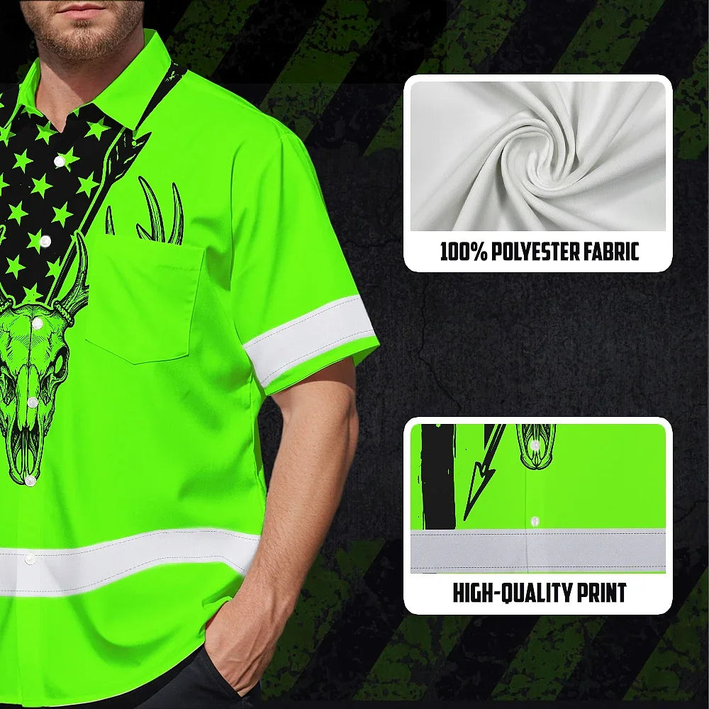 High Visibility Hawaiian Shirt Reflective Skull Deer Hunting US Flag Custom Name Safety Workwear