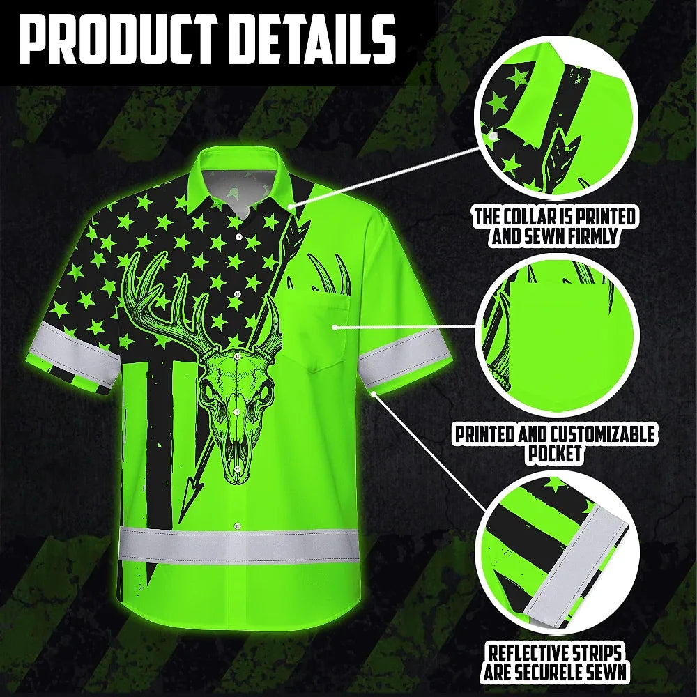 High Visibility Hawaiian Shirt Reflective Skull Deer Hunting US Flag Custom Name Safety Workwear