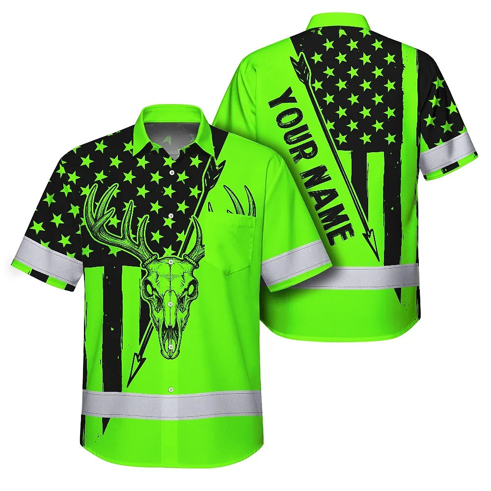 High Visibility Hawaiian Shirt Reflective Skull Deer Hunting US Flag Custom Name Safety Workwear
