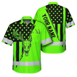High Visibility Hawaiian Shirt Reflective Skull Deer Hunting US Flag Custom Name Safety Workwear