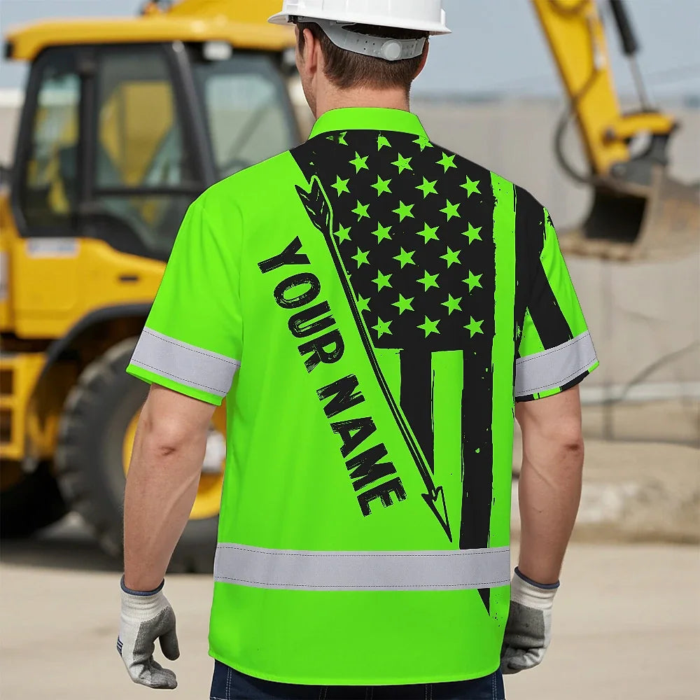 High Visibility Hawaiian Shirt Reflective Skull Deer Hunting US Flag Custom Name Safety Workwear