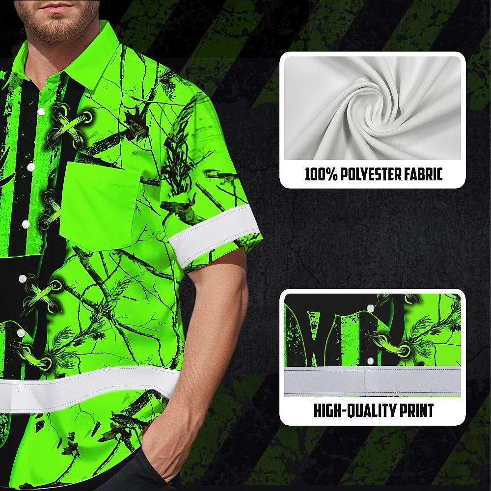 High Visibility Hawaiian Shirt Reflective Tapes Green Neon Deer Camo Hunting US Flag