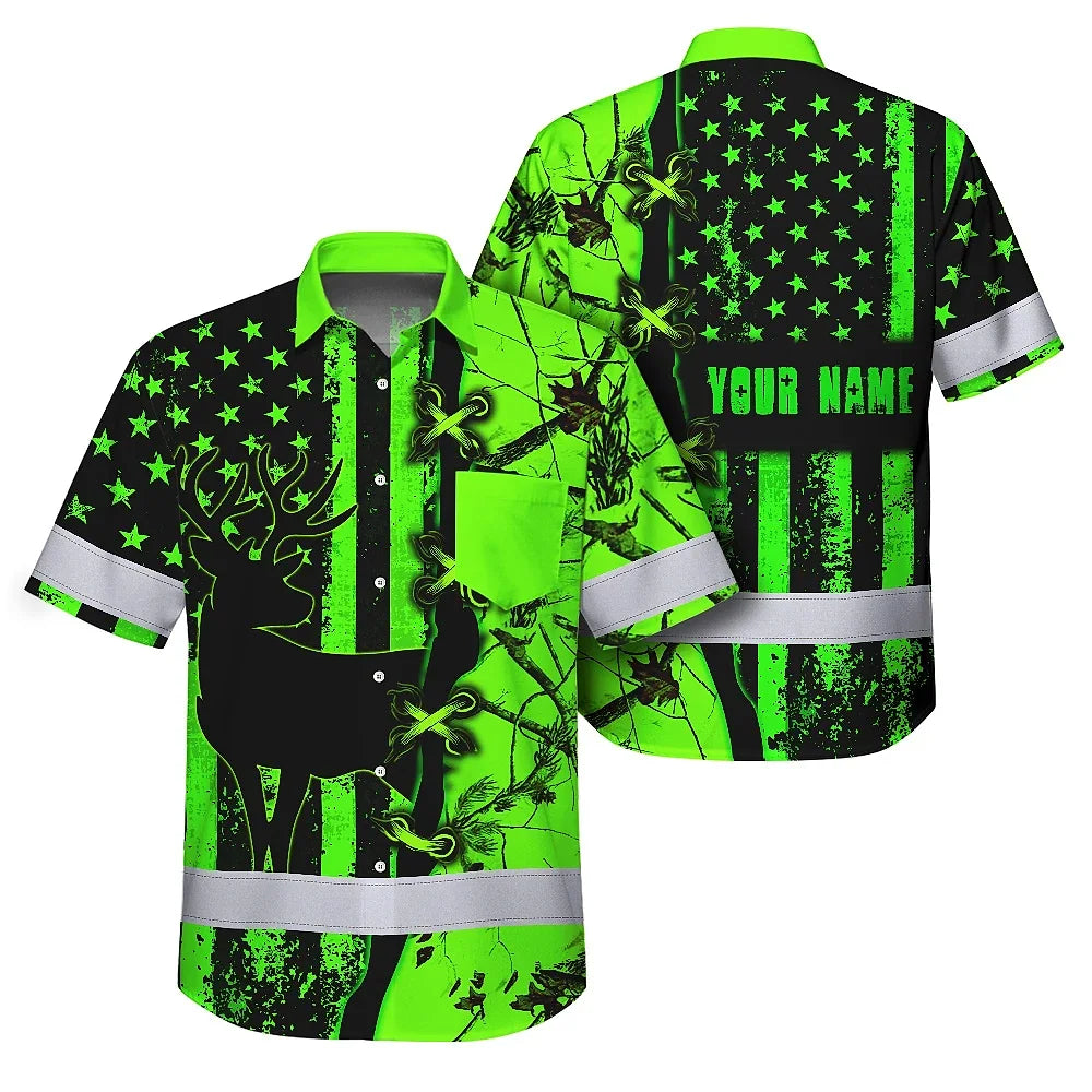 High Visibility Hawaiian Shirt Reflective Tapes Green Neon Deer Camo Hunting US Flag