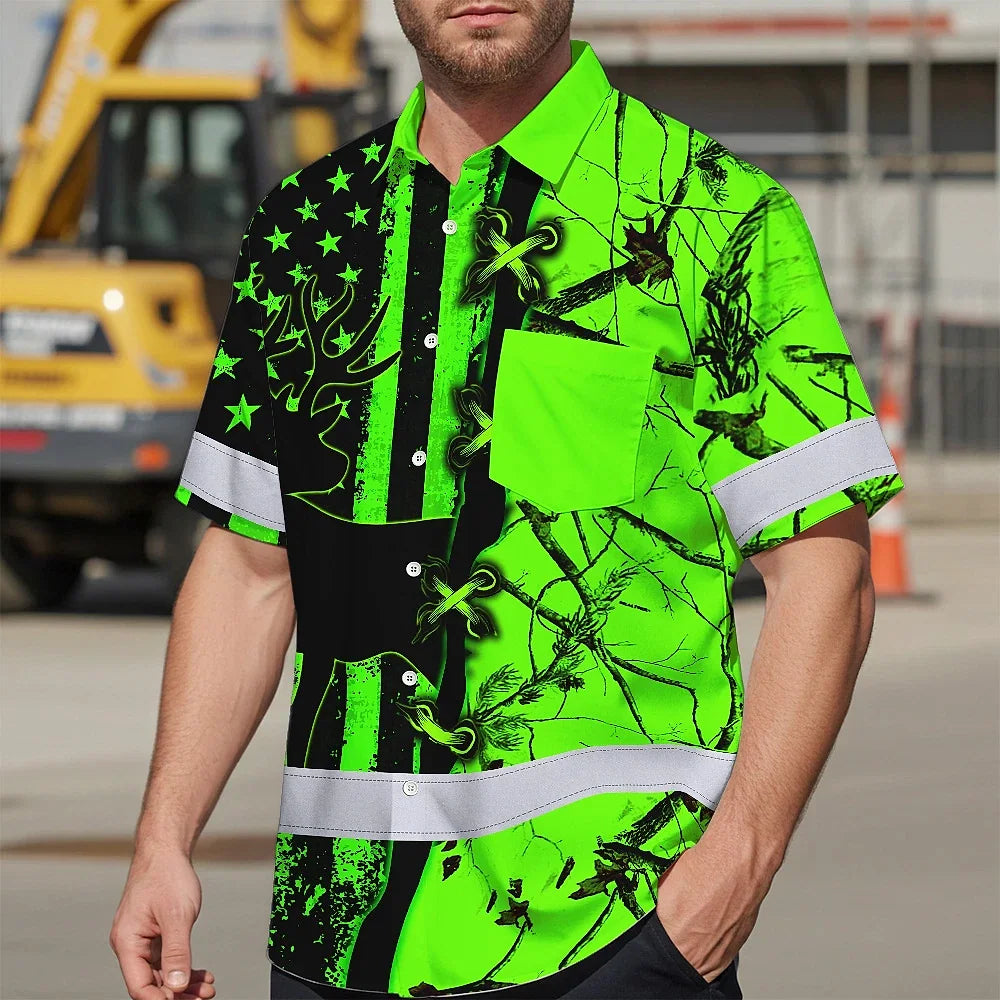 High Visibility Hawaiian Shirt Reflective Tapes Green Neon Deer Camo Hunting US Flag