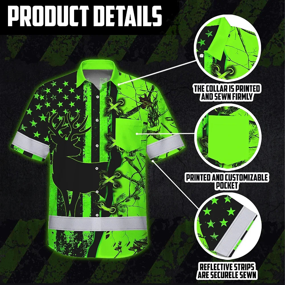 High Visibility Hawaiian Shirt Reflective Tapes Green Neon Deer Camo Hunting US Flag