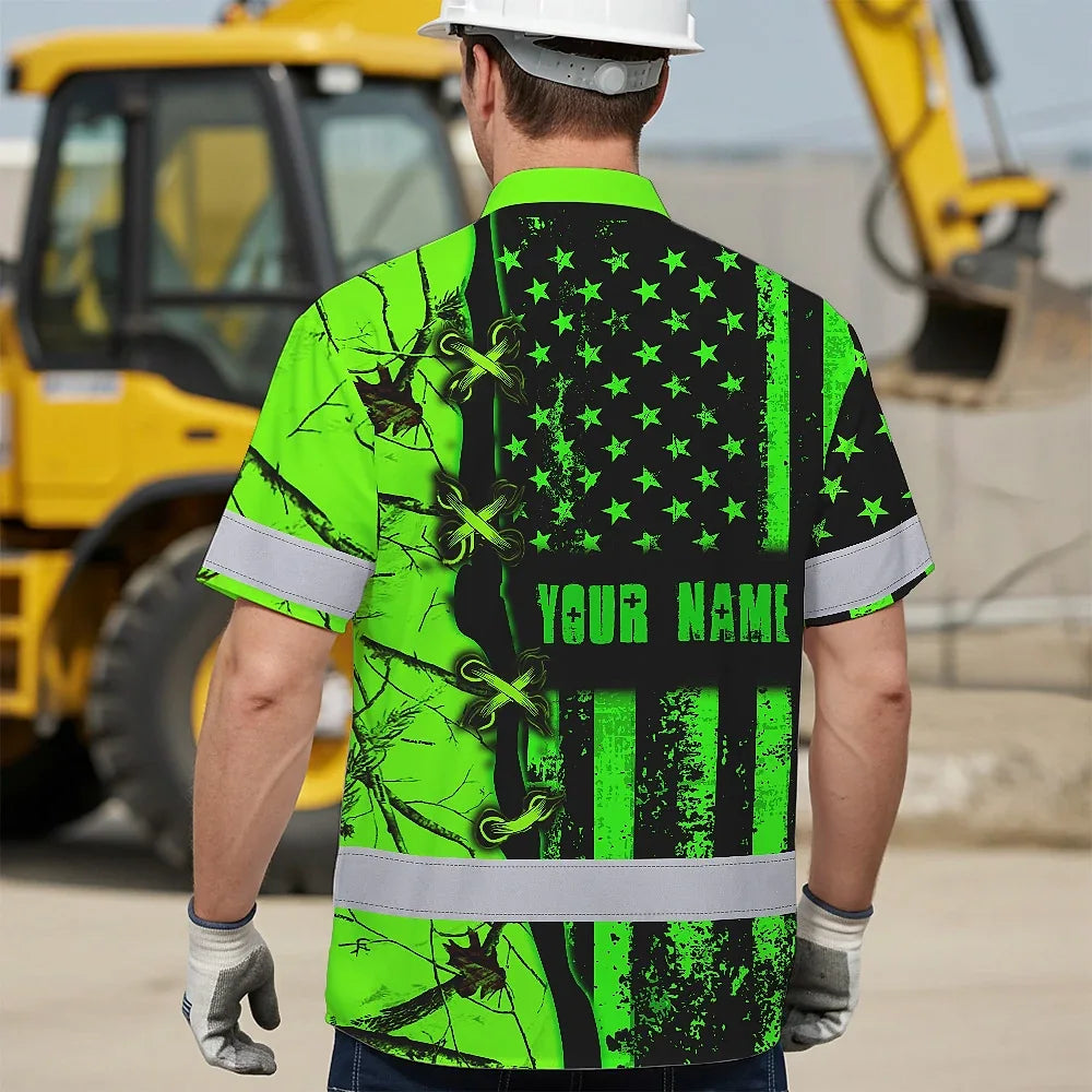 High Visibility Hawaiian Shirt Reflective Tapes Green Neon Deer Camo Hunting US Flag