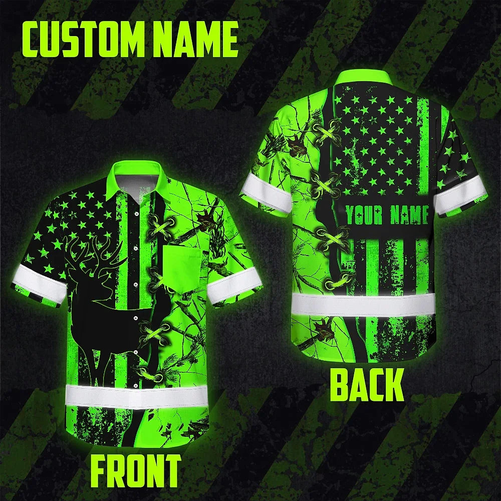High Visibility Hawaiian Shirt Reflective Tapes Green Neon Deer Camo Hunting US Flag