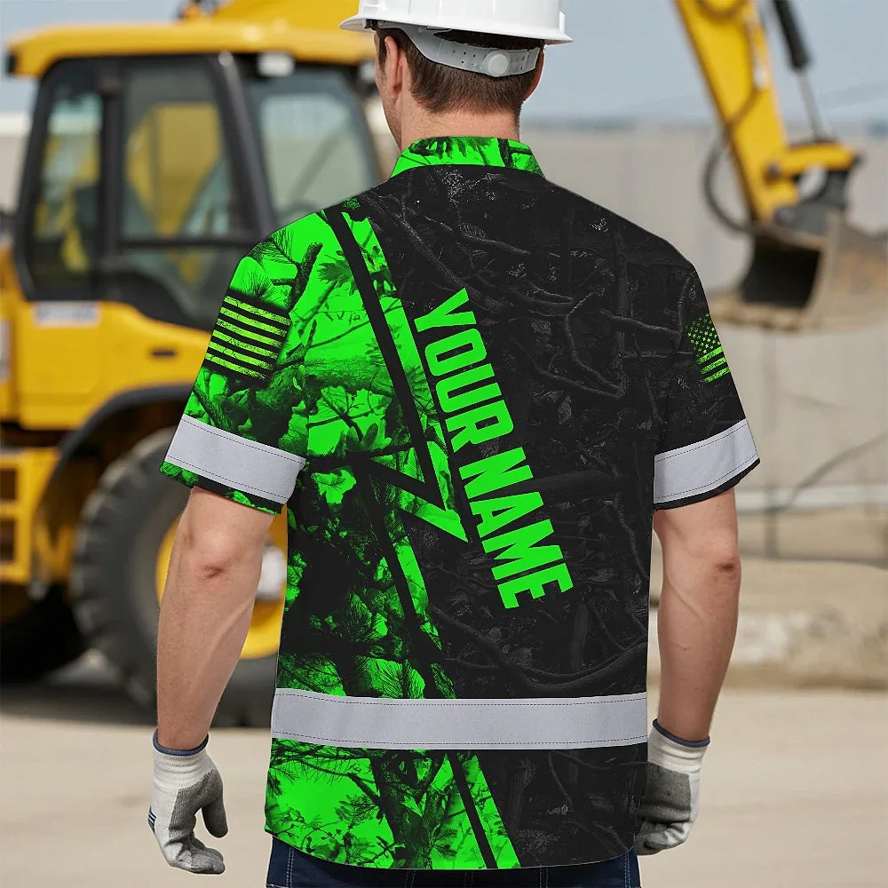 High Visibility Hawaiian Shirt Reflective Tapes Green Neon Skull Camo Hunting Custom Name