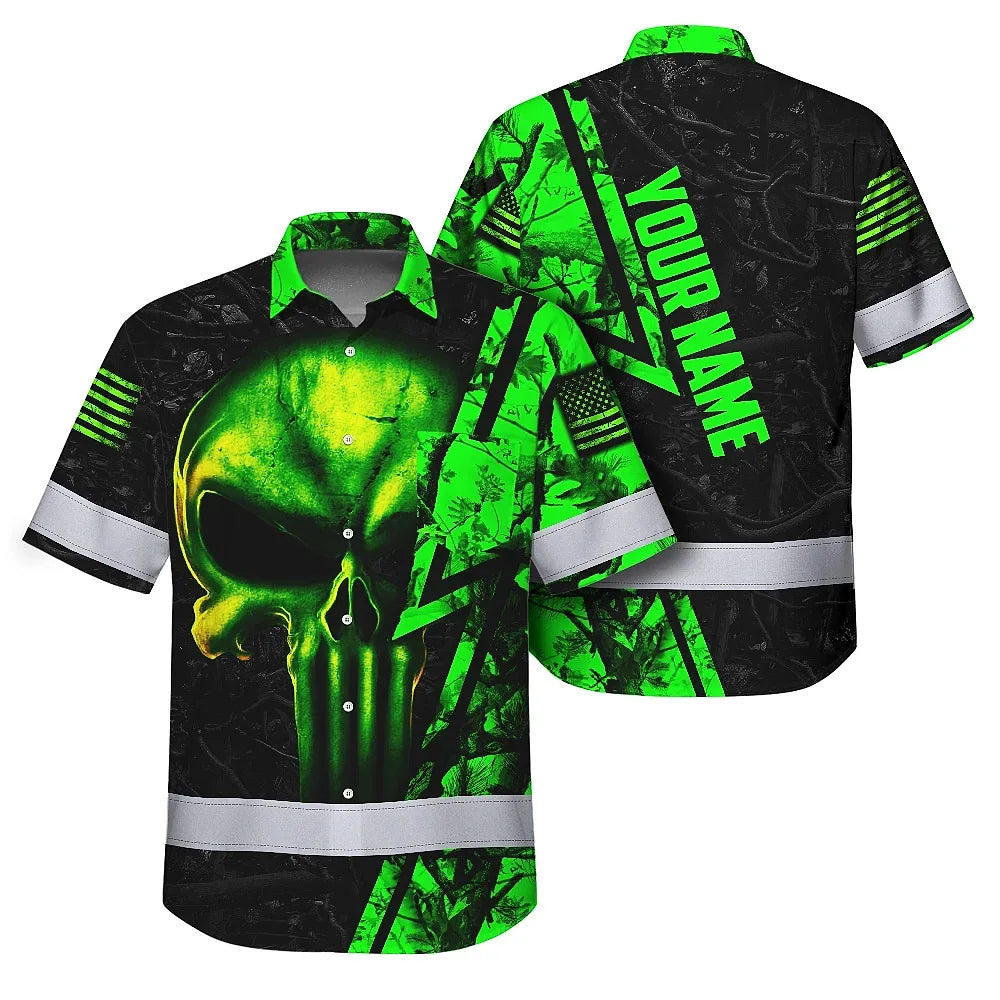 High Visibility Hawaiian Shirt Reflective Tapes Green Neon Skull Camo Hunting Custom Name