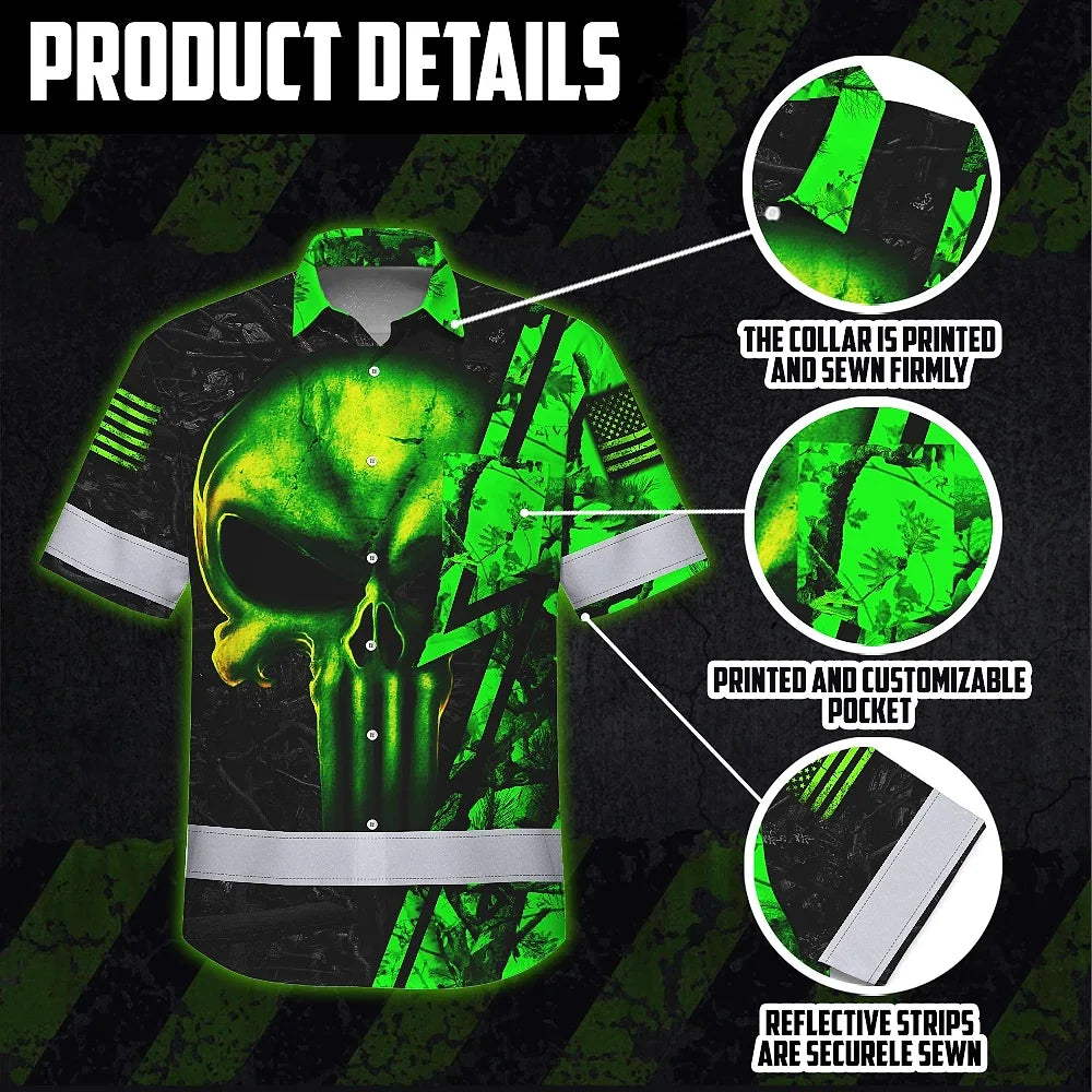 High Visibility Hawaiian Shirt Reflective Tapes Green Neon Skull Camo Hunting Custom Name