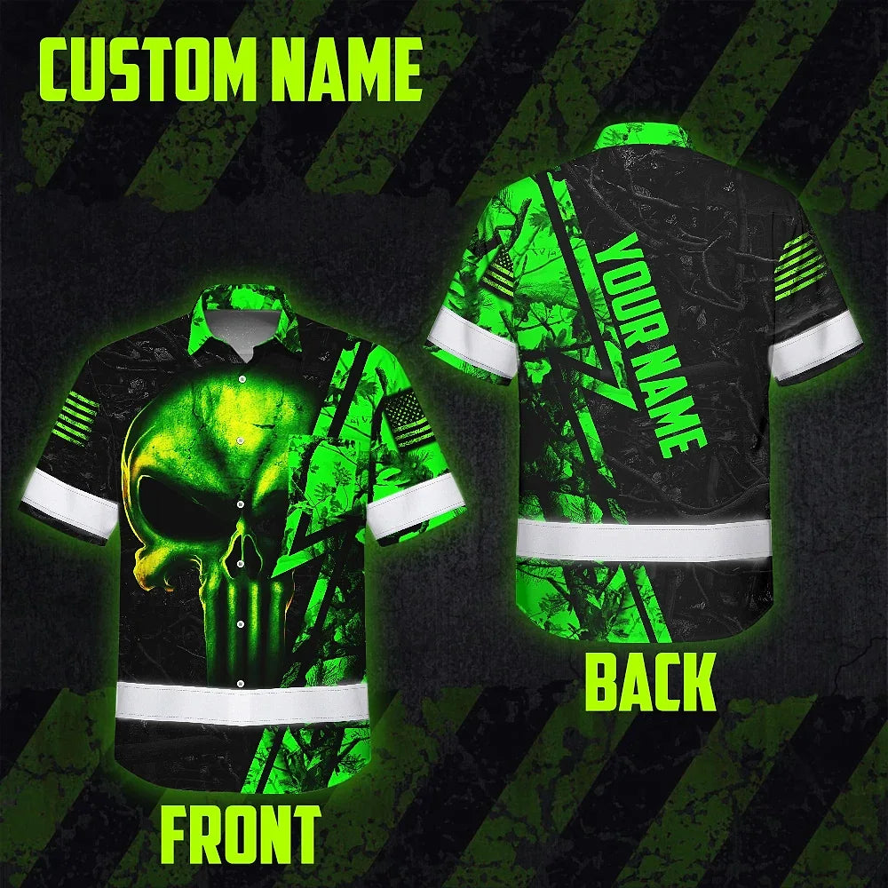 High Visibility Hawaiian Shirt Reflective Tapes Green Neon Skull Camo Hunting Custom Name