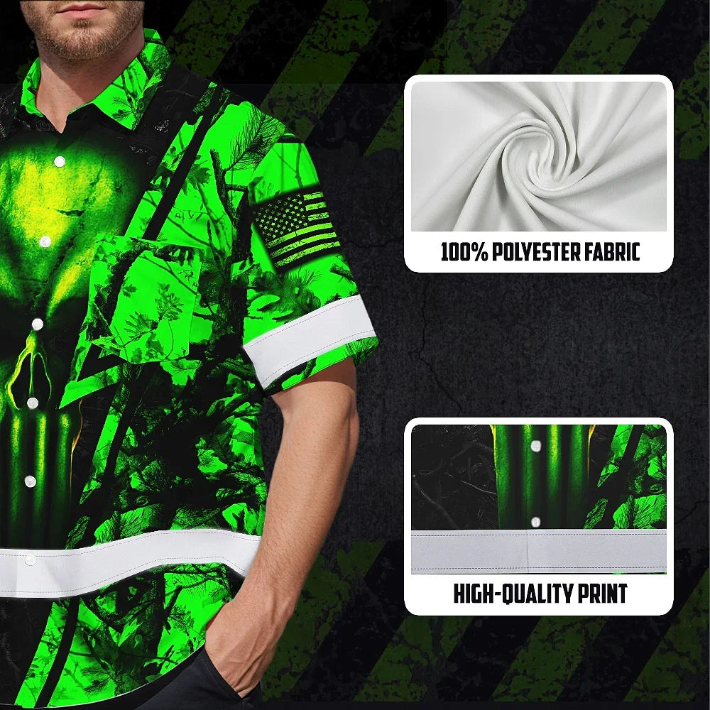 High Visibility Hawaiian Shirt Reflective Tapes Green Neon Skull Camo Hunting Custom Name