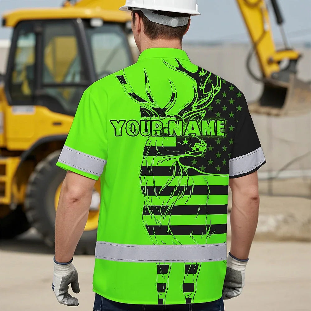High Visibility Hawaiian Shirt US Flag And Deer Hunting Design, Reflective Hi Vis Custom Name Hoodie For Hunting Lover