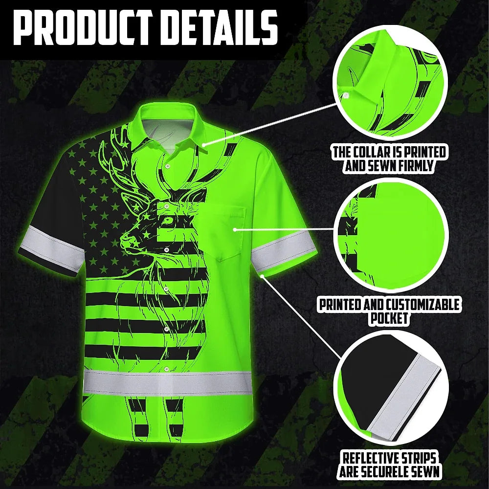 High Visibility Hawaiian Shirt US Flag And Deer Hunting Design, Reflective Hi Vis Custom Name Hoodie For Hunting Lover
