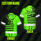High Visibility Hawaiian Shirt US Flag And Deer Hunting Design, Reflective Hi Vis Custom Name Hoodie For Hunting Lover