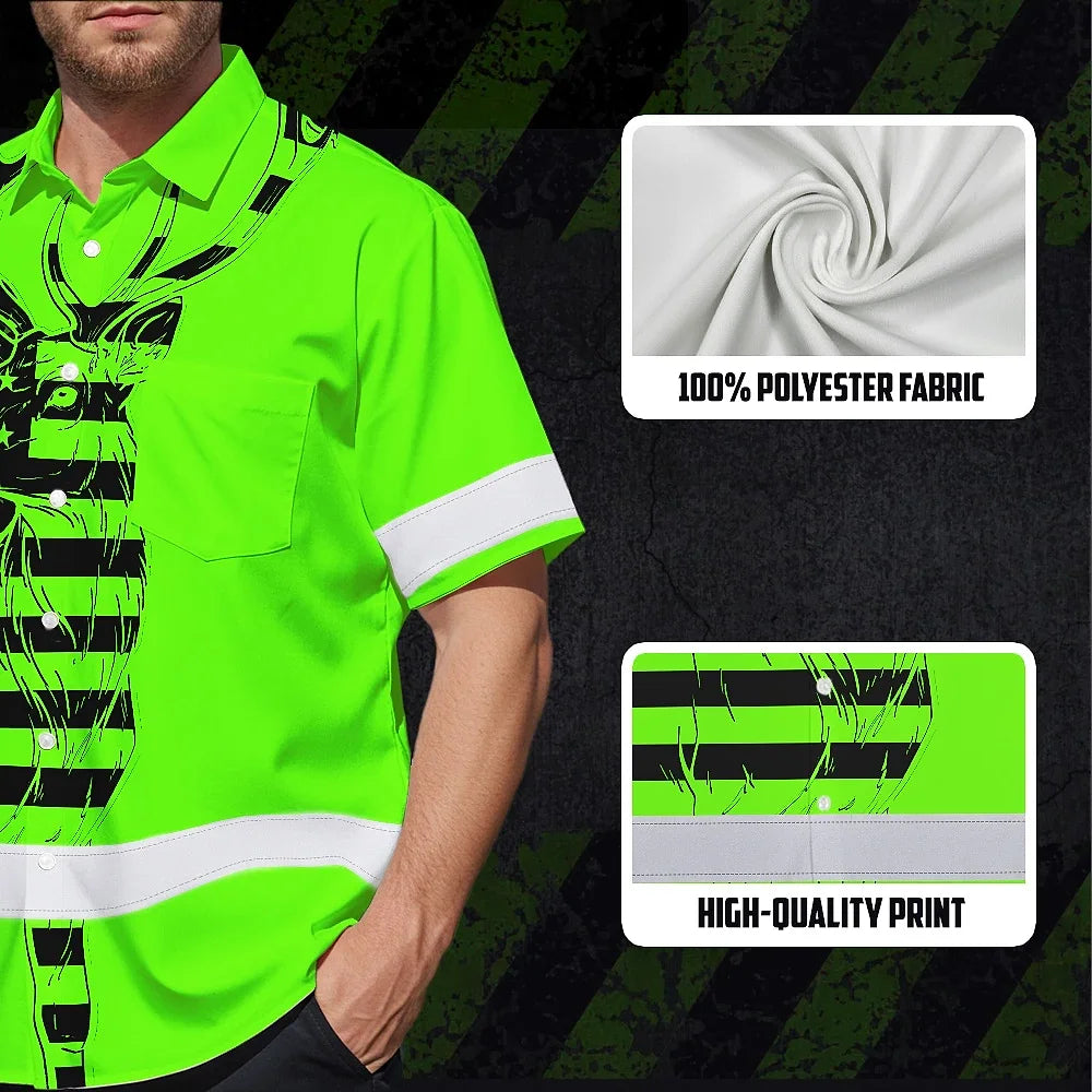 High Visibility Hawaiian Shirt US Flag And Deer Hunting Design, Reflective Hi Vis Custom Name Hoodie For Hunting Lover