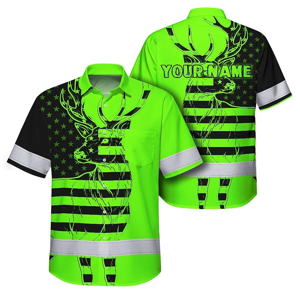 High Visibility Hawaiian Shirt US Flag And Deer Hunting Design, Reflective Hi Vis Custom Name Hoodie For Hunting Lover