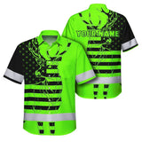 High Visibility Hawaiian Shirt US Flag And Deer Hunting Design, Reflective Hi Vis Custom Name Hoodie For Hunting Lover