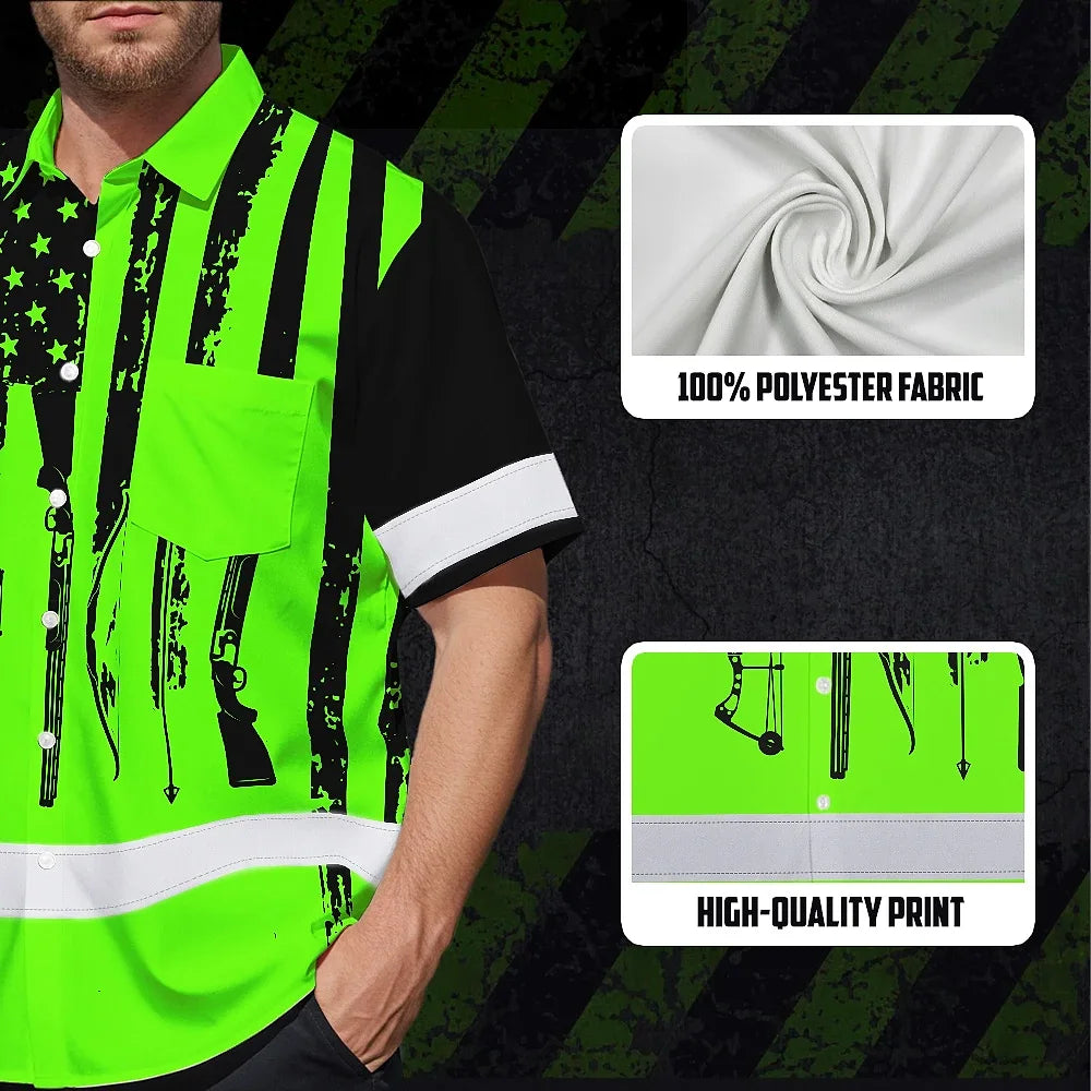 High Visibility Hawaiian Shirt US Flag Hunting Design, Reflective Hi Vis Custom Name Hoodie For Hunting Lover