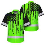 High Visibility Hawaiian Shirt US Flag Hunting Design, Reflective Hi Vis Custom Name Hoodie For Hunting Lover