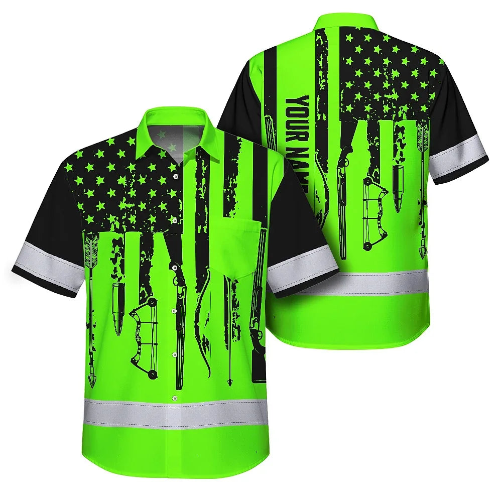 High Visibility Hawaiian Shirt US Flag Hunting Design, Reflective Hi Vis Custom Name Hoodie For Hunting Lover