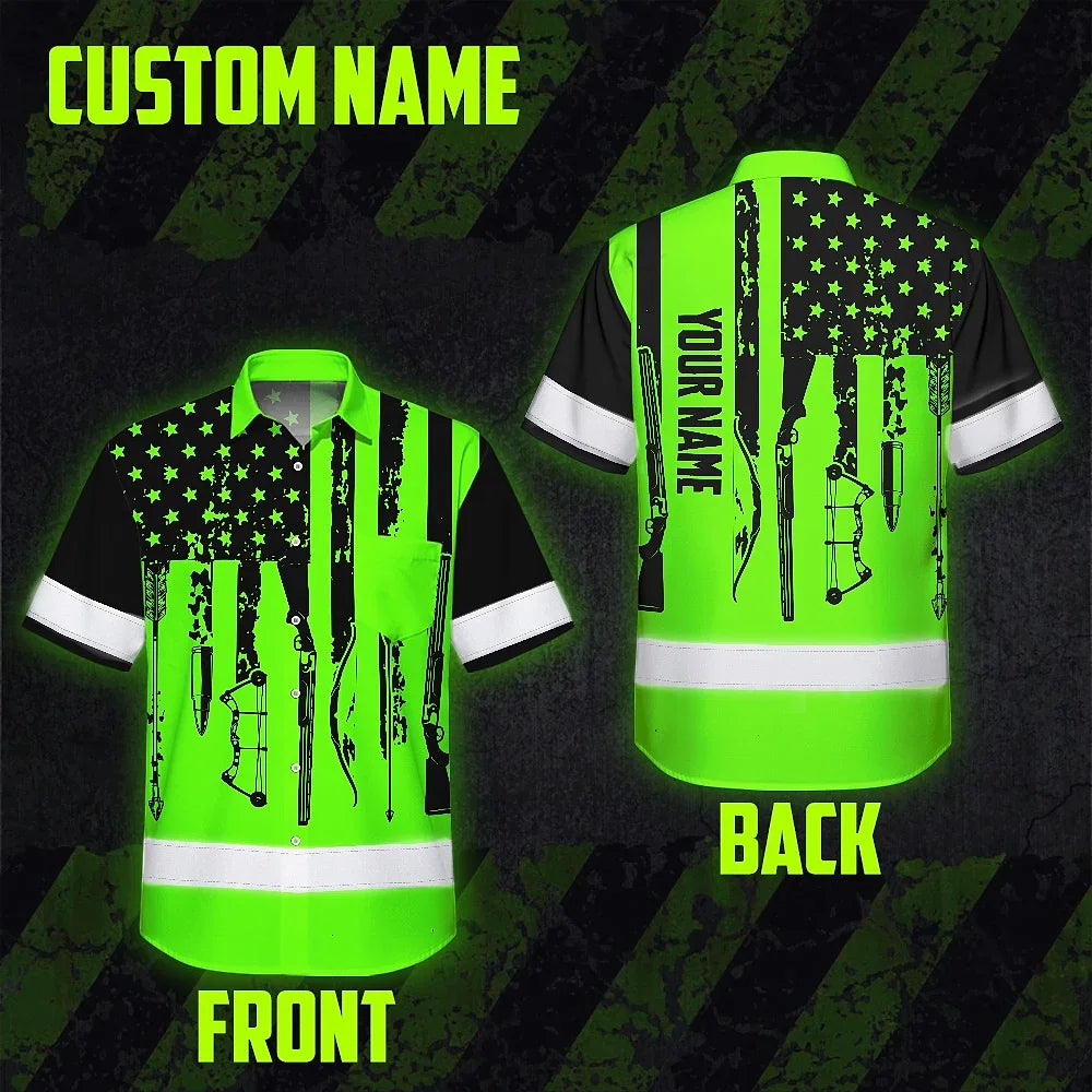 High Visibility Hawaiian Shirt US Flag Hunting Design, Reflective Hi Vis Custom Name Hoodie For Hunting Lover