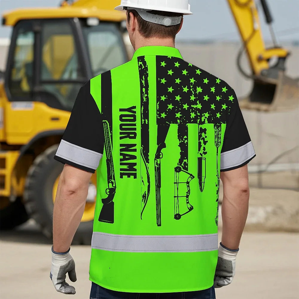 High Visibility Hawaiian Shirt US Flag Hunting Design, Reflective Hi Vis Custom Name Hoodie For Hunting Lover