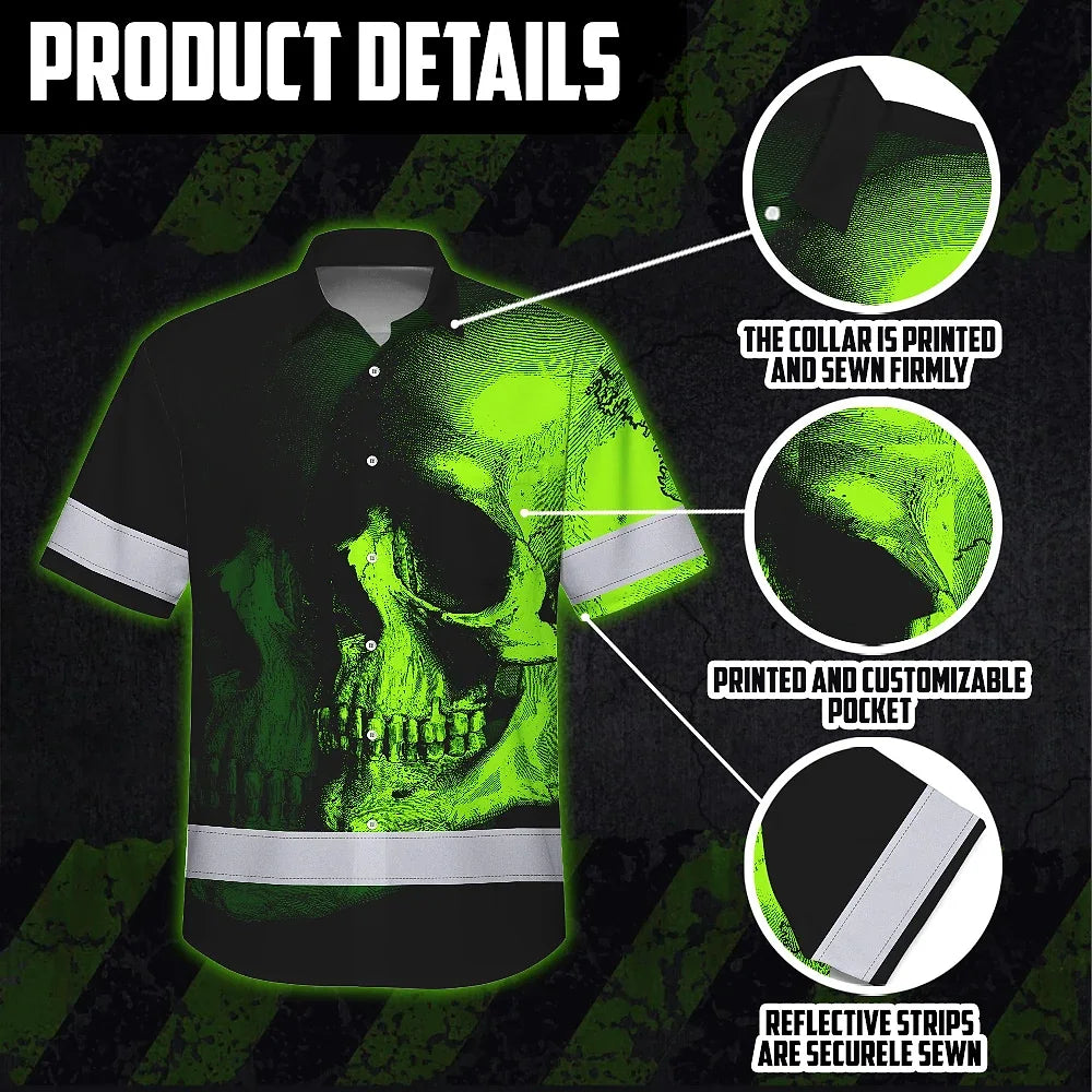Neon Green Skull Hi Vis Hawaiian Shirt With Custom Name Designed For Runners, Truckers, And Skull Lovers