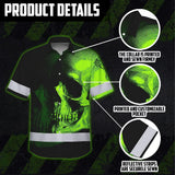 Neon Green Skull Hi Vis Hawaiian Shirt With Custom Name Designed For Runners, Truckers, And Skull Lovers