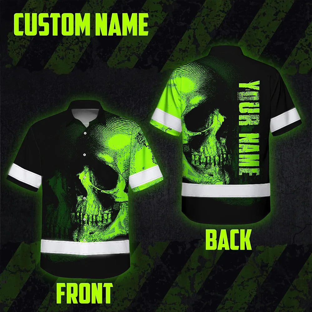 Neon Green Skull Hi Vis Hawaiian Shirt With Custom Name Designed For Runners, Truckers, And Skull Lovers