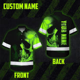Neon Green Skull Hi Vis Hawaiian Shirt With Custom Name Designed For Runners, Truckers, And Skull Lovers
