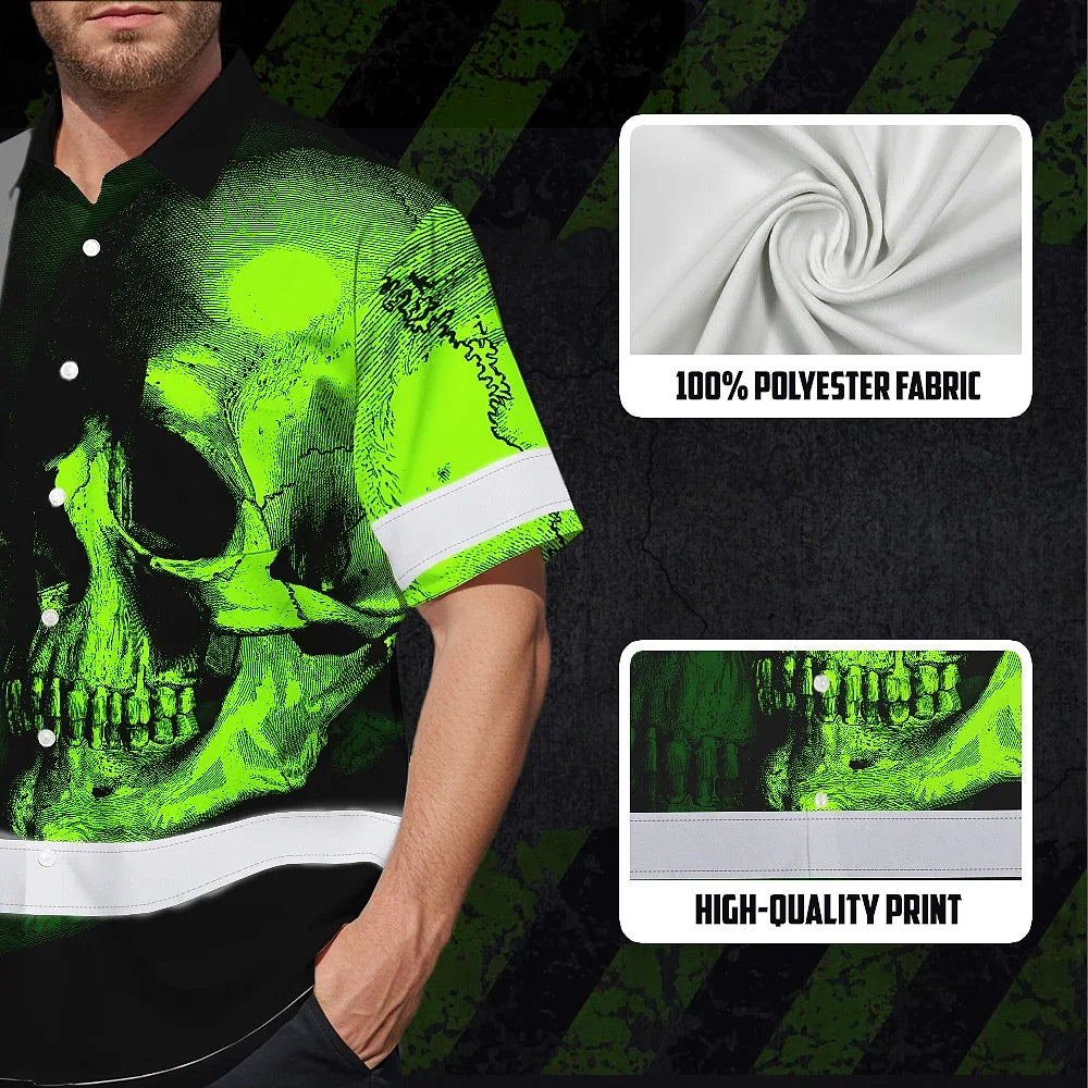Neon Green Skull Hi Vis Hawaiian Shirt With Custom Name Designed For Runners, Truckers, And Skull Lovers