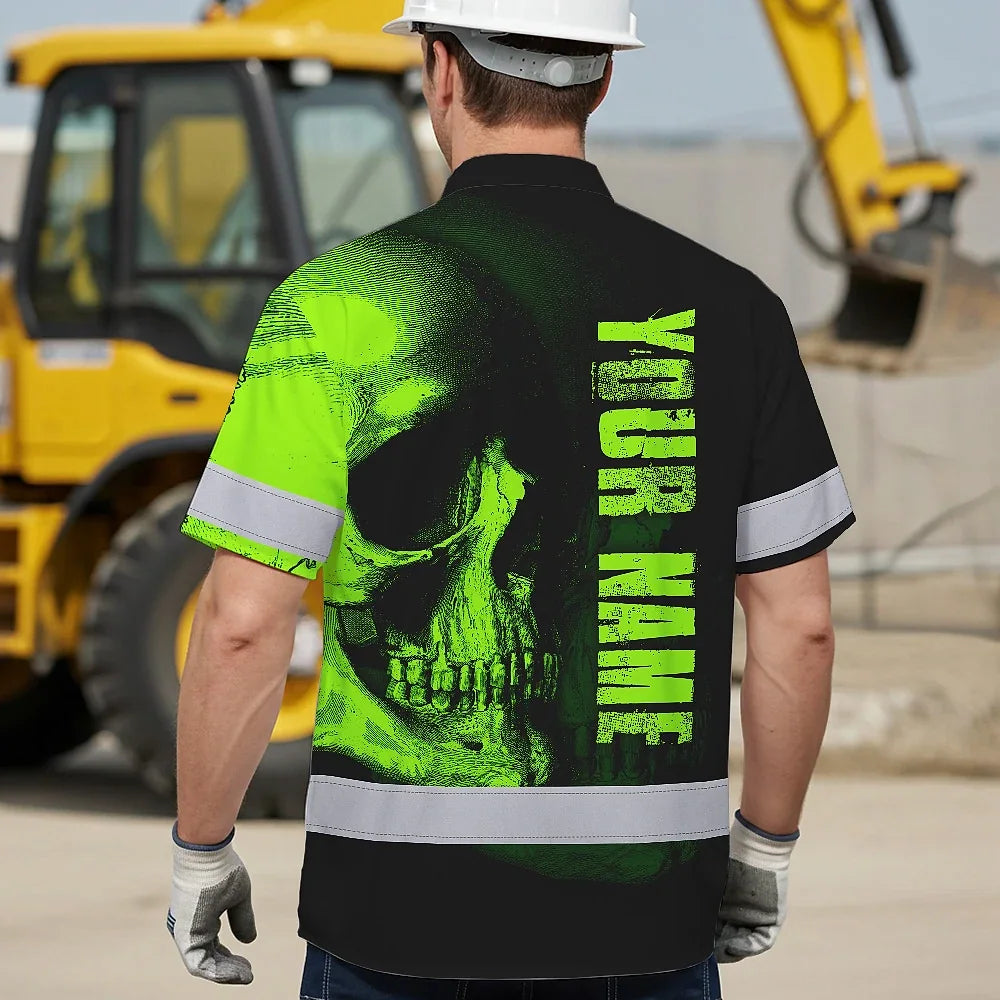 Neon Green Skull Hi Vis Hawaiian Shirt With Custom Name Designed For Runners, Truckers, And Skull Lovers