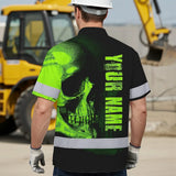 Neon Green Skull Hi Vis Hawaiian Shirt With Custom Name Designed For Runners, Truckers, And Skull Lovers