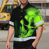 Neon Green Skull Hi Vis Hawaiian Shirt With Custom Name Designed For Runners, Truckers, And Skull Lovers
