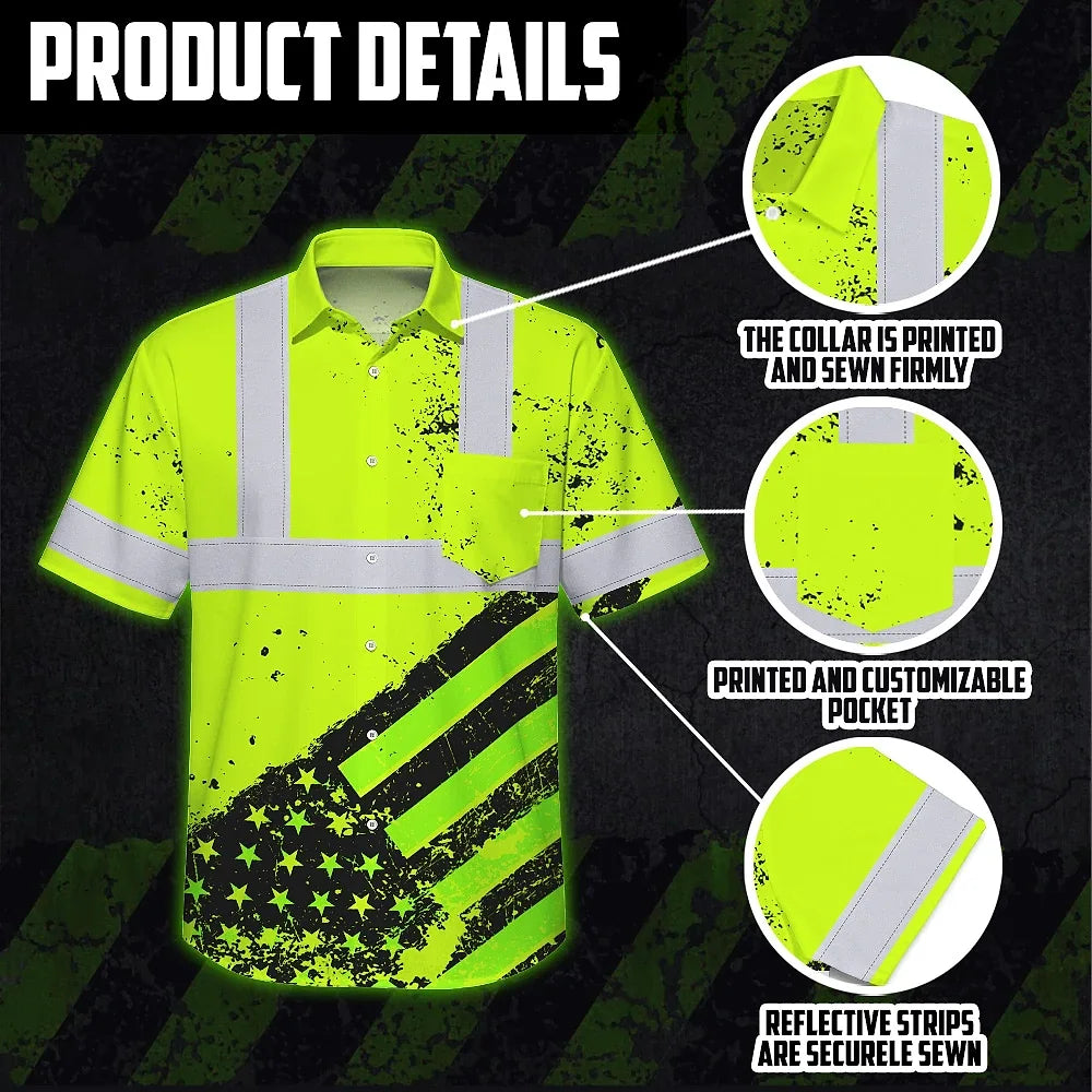 Safety Shirt Yellow Neon Reflective USA Flag Hi Vis Hawaiian Shirt Workwear ANCI Class 3
