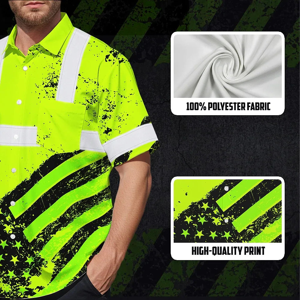 Safety Shirt Yellow Neon Reflective USA Flag Hi Vis Hawaiian Shirt Workwear ANCI Class 3